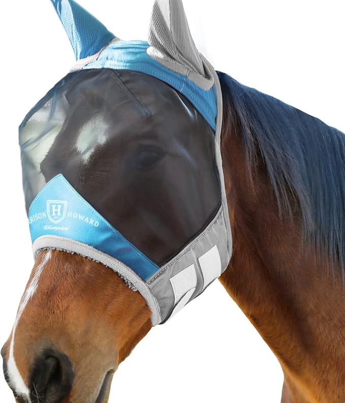 Harrison Howard Pro Luminous Horse Fly Mask Standard with Ears UV Protection for Horse Azure Blue/Silver Medium Cob