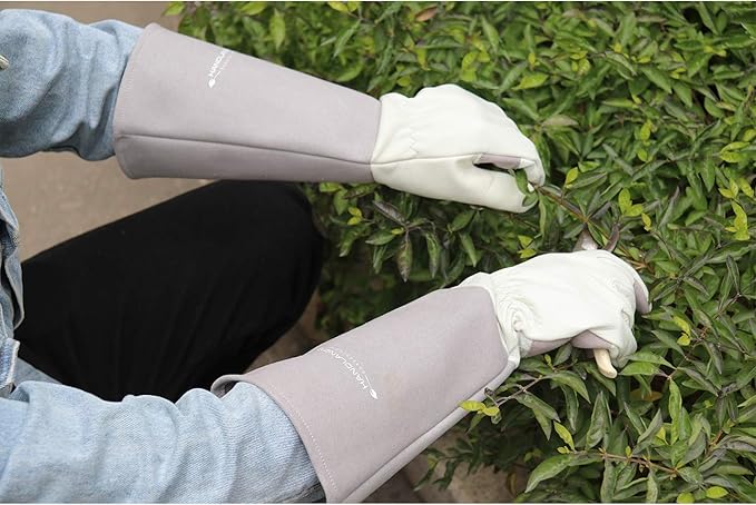 HANDLANDY Long Gardening Gloves for Men & Women, Thorn Proof Rose Pruning Gloves Leather Gauntlets Garden Glove Yard Work Glove (Medium, Grey)