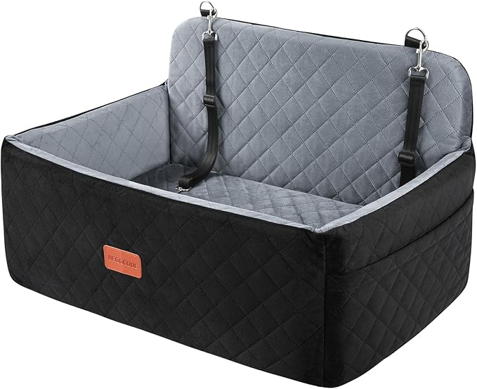 Dog Car Seat for Medium/Large Dogs, Pet Booster Seat for Under 55 lbs or 2 Small Dogs, Detachable & Washable Dog Car Bed for Backseat with 2 Safety Leashes (Black/Grey)