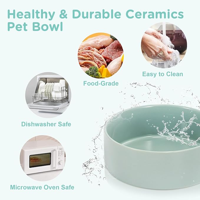 SPUNKYJUNKY Elevated Dog Bowls Ceramic, 5.1'' Dogs and Cat Food Water Bowls Raised with Non-Slip Bamboo Stand for Puppy Small Sized Breed Microwave Dishwasher Safe - 13.5 OZ,Light Green