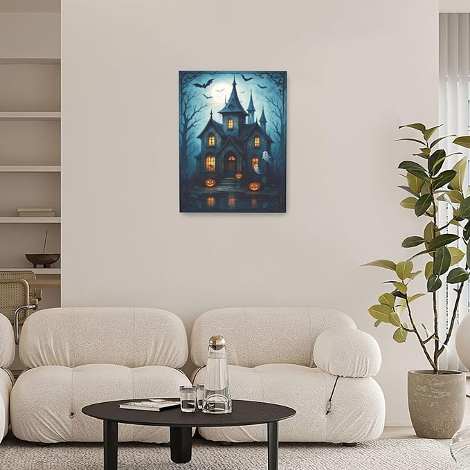 Halloween Gothic Wall Art Castle Pumpkin Ghost Bat Canvas Wall Decor Dark Academia Pictures Painting Print Framed Artwork Decorations Gifts for Halloween Living Room Bedroom Office 12"x16"