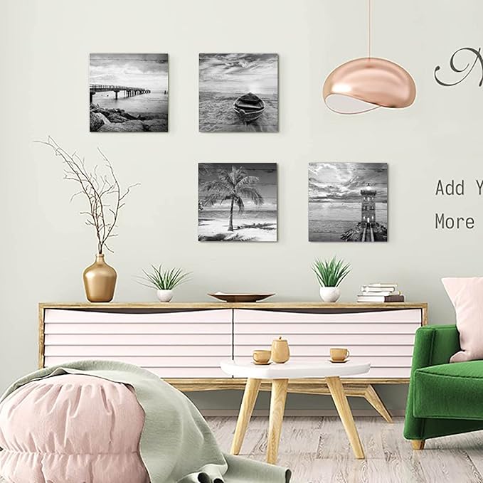 Yxbhhym- Black and White Beach Wall Art Seascape Scenery Canvas Wall Picture Print Sea Palm Poster Painting Office Décor Bedroom Bathroom Wall Art Living Room Home Kitchen Wall Decoration Framed