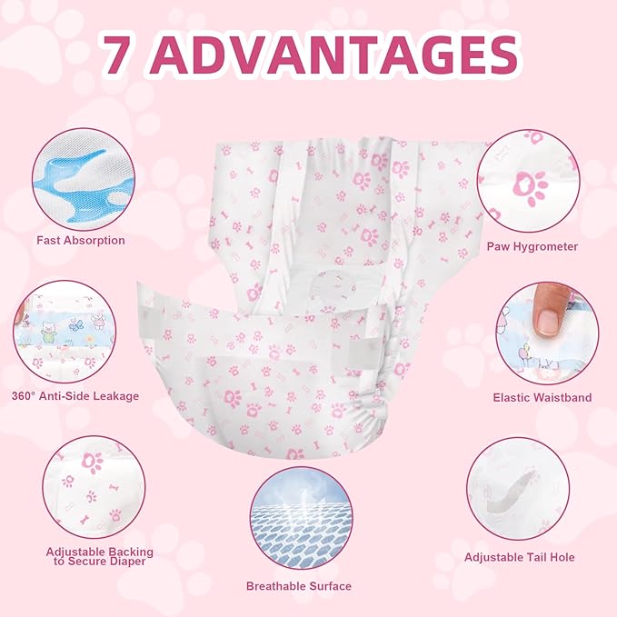 Disposable Dog Diapers Female 90 Count Doggie Diapers for Female Dogs (Waist 10-16.5 in S) Super Absorbent Small Doggie Diapers for Heat Excitable Urination or Incontinence - Pink