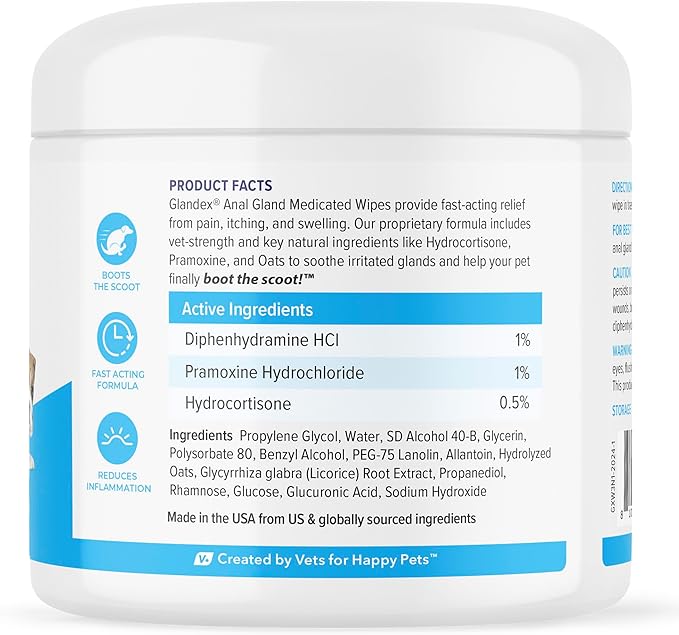 Vetnique Glandex Medicated Dog Butt Wipes or Spray for Dog Scooting - Topical Anti Itch Skin Relief for Soothing Inflamed Anal Glands in Dogs & Cats - Fast Acting Formula 50ct (50ct Wipes)