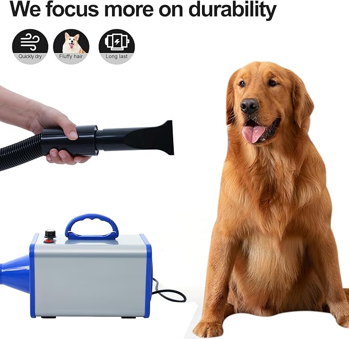 2400w 75m/s Dog Dryer for Pet Grooming, High Velocity Pet Hair Dryer with Heater, Adjustable Speed, 4 Nozzles and a Comb, Blue