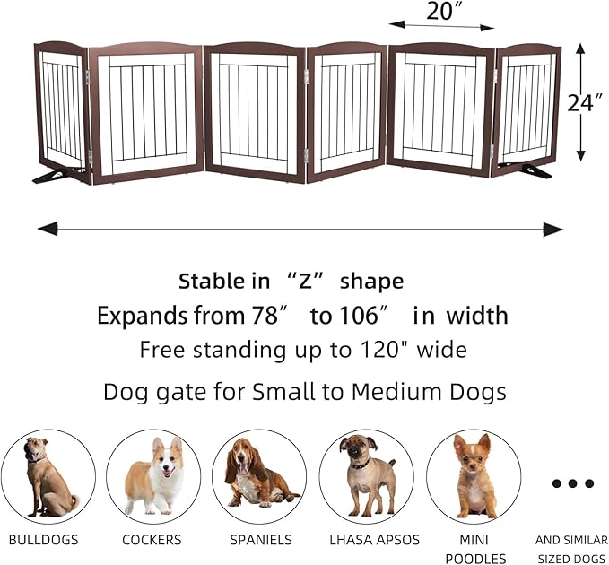 ZJSF Freestanding Dog Fence Indoor, Foldable Dog Gate for Doorways, Stairs or Hallways, Sturdy Wood Extra Wide Pet Gate with Support Feet for The House, Brown, 24 "Height-6 Panels