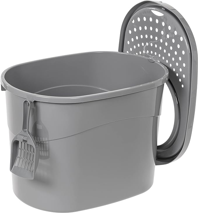Amazon Basics Large Cat Litter Box with High Sides, Top Entry, Includes Scoop, 20.5 x 14.75 x 14.38 inches, Grey