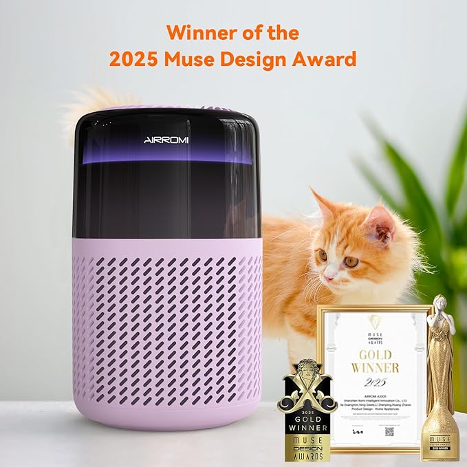AIRROMI Air Purifier for Bedroom Home,HEPA Filter,Covers Upto 549 Ft²,Quiet 360°intake Air Cleaner with Fragrance ponge for Better Sleep,Night Light,Filters Smoke,Pet Dander,Allergies,Dust,A2005Purple
