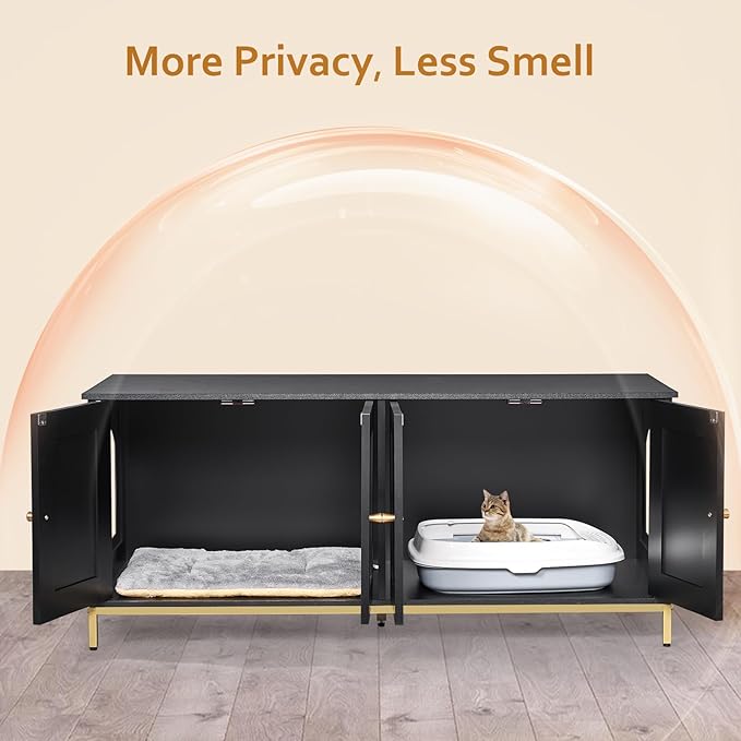 Homhedy Cat Litter Box Enclosure for 2 Cats, Cat Washroom Furniture with Double Room, Pet House with Metal Frame, 47.2”L x 17.7”W x 21.7”H, Black and Gold