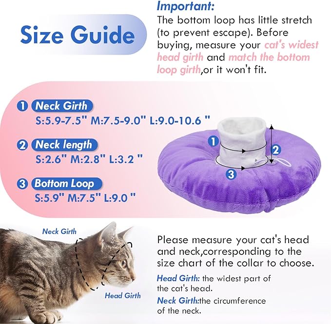 Lightweight Soft Cat Cone After Surgery, Adjustable Donut Collar with Drawstring Buckle, Scratch Resistant, Machine Washable, Suitable for Head/Foot Wounds Recovery, Purple Large