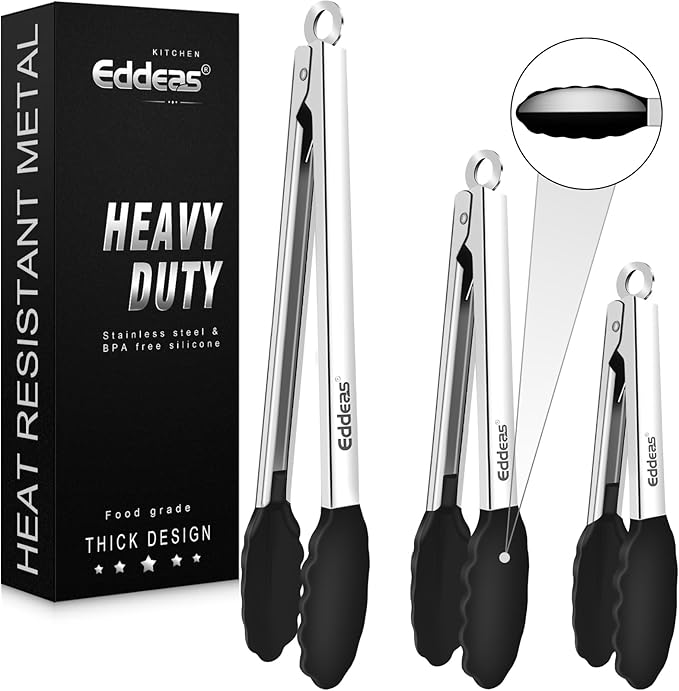 Kitchen Tongs with Silicone Tips, Heat Resistant 600 Degrees All Metal handle Locking Tongs For Cooking with Rubber Tips, Heavy Duty Stainless steel Food Tongs, Set of 3-7" 9" & 12" Black