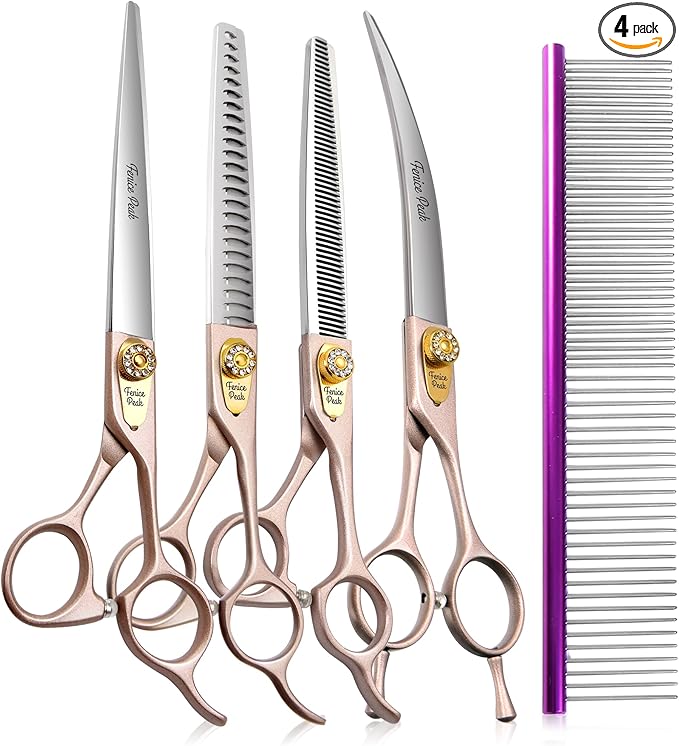 Fenice Peak 8‘’ Professional Dog Grooming Scissors Set Rose Gold 440C Stainless Steel Straight Thinning Curved Chunker Shears 4pcs Set for Pet Grooming Services Dogs and Cats