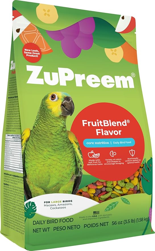 ZuPreem FruitBlend Bird Pellets, Daily Bird Food for Amazon, Cockatoo, Macaw, Core Nutrition for Large Birds, Made in USA, Pellets for Large Birds, Macaw Food (L, 3.5 lbs)