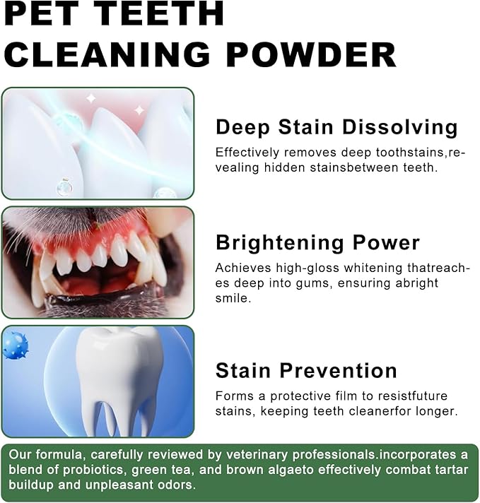 Dog Dental Powder, 6 oz, Dog Teeth Cleaning Powder & Cat Breath Freshener, Plaque Off Pet Tooth Cleaning - Combating Dental Plaque, Tartar Cleaning and Removal, Fighting Bad Breath, Oral Care
