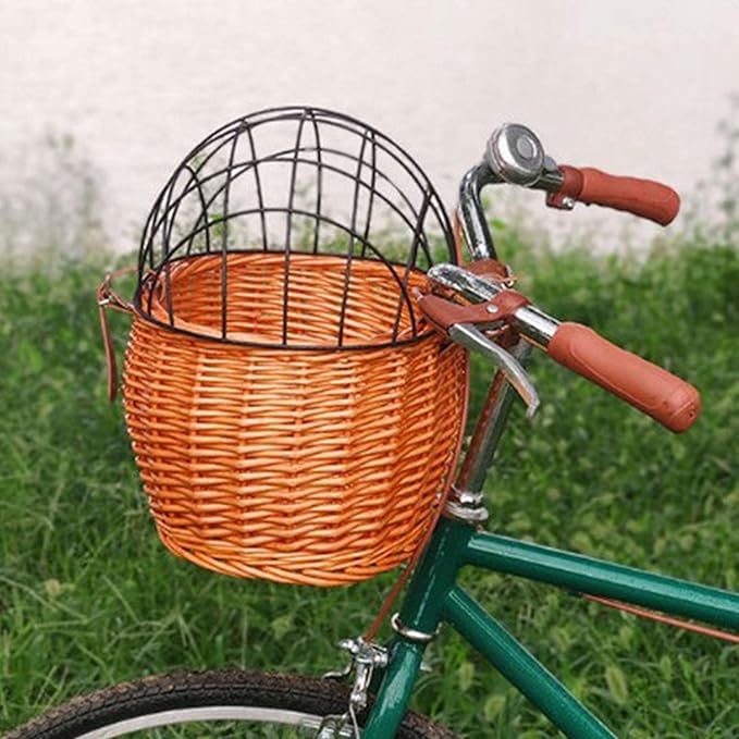 Shiker Bicycle Basket with Wire Mesh Cover, Wicker Bike Basket for Small Dogs Cats, Front Handlebar Bike Basket, Easy to Detachable, 11.81 x 9.84 inch