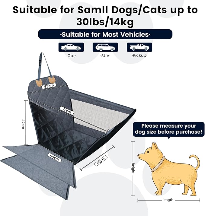 Dog Car Seat for Small/Medium Dogs with Door Protection – Full Coverage Pet Booster Seat with Mesh Window, Zippered Side Flaps, Safety Buckle, Grey Linen Fabric