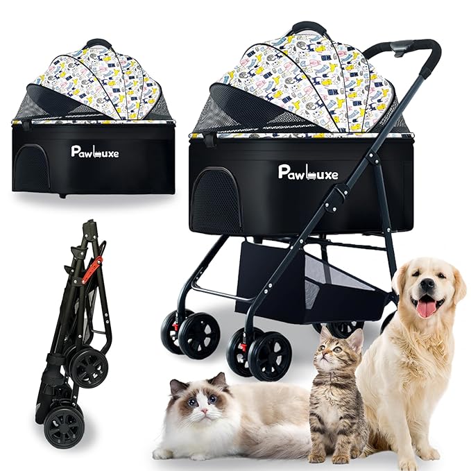 4 Wheels Pet Stroller 4 in 1 Pet Stroller with Detachable Carrier for Small & Medium Dogs Cats up to 55 lbs Easy-Folding Travel Dog Wagon with Car Seat Breathable Mesh,White Cartoon