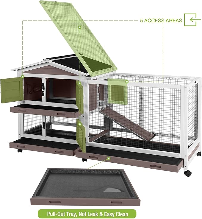 Outdoor Rabbit Hutch Indoor Bunny on Wheels Large Guinea Pig Cage with Run for Any Small Animals,Removable Pull Out Tray White