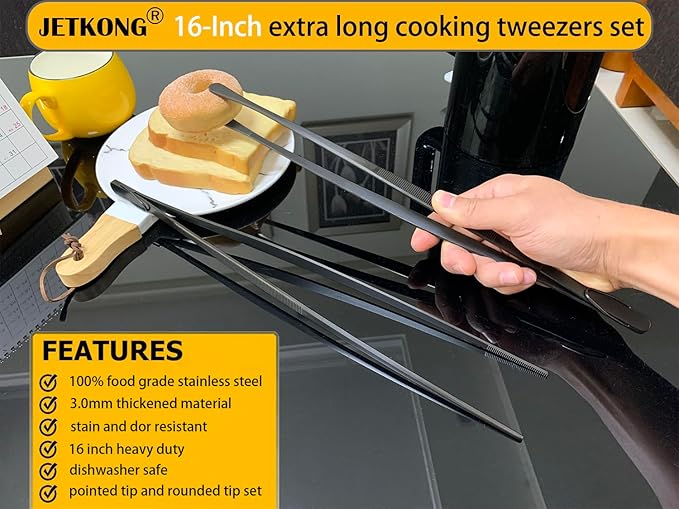 JETKONG 2 Pcs 16-Inch Heavy Duty Plating Tongs, Extra-Long Kitchen Fine Tongs Large Stainless Steel Cooking Forceps (Black)