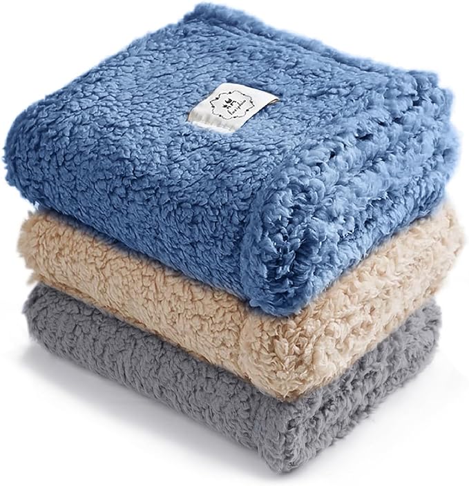 Luciphia 1 Pack 3 Calming Dog Blanket Fluffy Premium Fleece Pet Blankets Soft Sherpa Throw for Dogs Puppy Cat Grey/Beige/HazeBlue Medium (30" x20")
