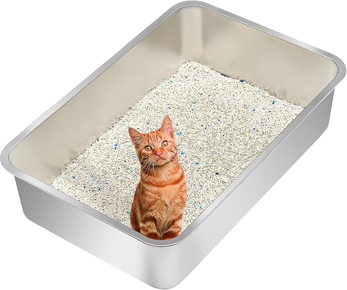 Kichwit Extra Large Stainless Steel Cat Litter Box with High Sides, Easy to Clean, Smooth Surface, Rust Resistant, 23.6" x 15.7" x 10" (with Lid)
