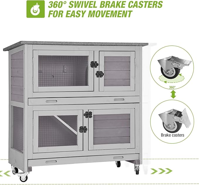 GUTINNEEN Rabbit Hutch Indoor with Chew-Proof Design, Wooden Bunny Cage Outdoor Guinea Pig Cages with Wheels, Leak-Proof Trays for Rabbits, Guinea Pigs, Small Animals