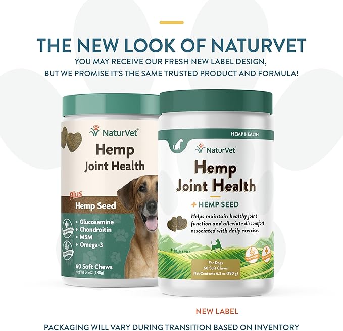 NaturVet Hemp Joint Health, Joint Care Support Supplement for Dogs, Soft Chews, 60ct Made in The USA