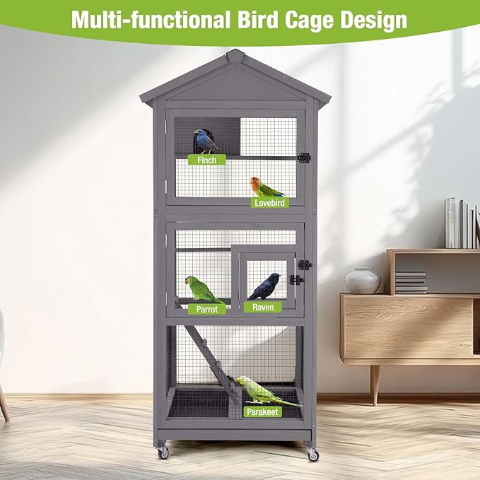 GUTINNEEN Large Bird Cage Outdoor Wooden Aviary Indoor on Wheels, with Play Stand, Perches, Nest Habitat & Wire Mesh Tray for Easy Cleaning