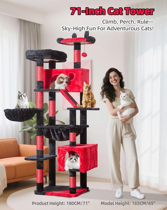 Taoqimiao Gothic Cat Tree 71-Inch, Cat Tower for Indoor Cats Large Adult, Multi-Level Large Cat Condo, 8 Sisal Scratching Posts, Metal Frame Cozy Hammock, Scratch Board, 2 Top Perches, MS026LBR