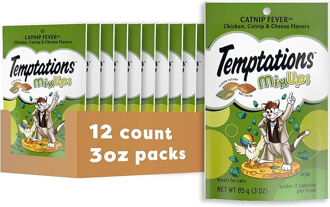 Temptations MixUps Catnip Fever Flavor Crunchy and Soft Cat Treats, 3 oz. Pouch (Pack of 12)