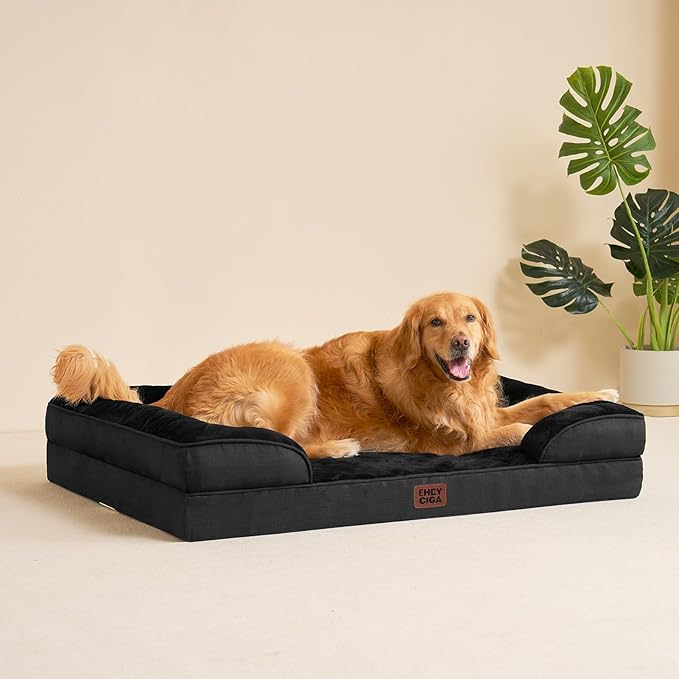 EHEYCIGA Orthopedic Dog Beds for Large Dogs, Waterproof Memory Foam Large Pet Bed with Sides, Non-Slip Bottom and Egg-Crate Foam Dog Couch Bed with Washable Removable Cover, Black