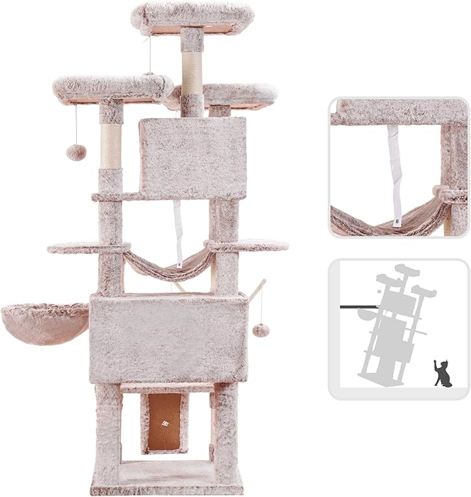 Hey-brother Cat Tree, 71 inches XL Large Cat Tower for Indoor Cats, Multi-Level Cat House with 3 Padded Perches, Big Scratcher, Cozy Basket, 2 Cat Condos and Scratching Posts, Muchroom MPJ034MU