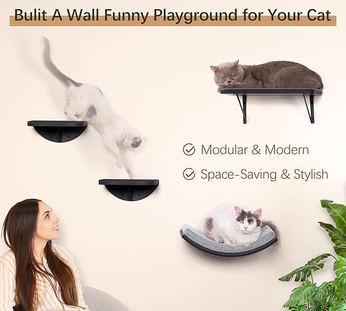 Cat Wall Shelves Set - Curved Wall Foam Bed and 2 Floating Wall Grey Steps, Wall Mounted Cat Climbing Shelves for Sleeping, Playing, and Lounging