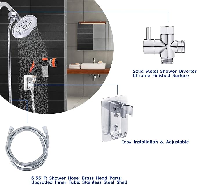 Dog Shower Attachment Water Hose Nozzle Sprayer Set with Metal 3-Way Shower Diverter & 6.6 Ft Long Hose for Bathroom Shower Arm Easy Indoor Outdoor Pet Pup Dog Washing Hose attachment