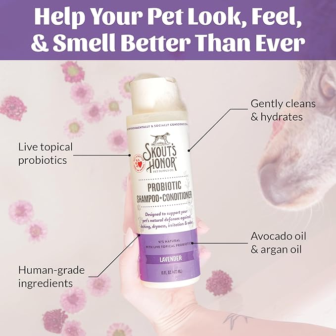 Skout's Honor Probiotic Dog Shampoo & Conditioner with Avocado Oil & Omega-3s, 97% Natural, Paraben & Sulfate-Free, Cruelty-Free, 16oz, Lavender