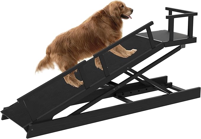 6 Level Height Adjustable Dog Ramp for Bed, Couch 65" Foldable Pet Ramp with Non-Slip Mat，DIY Glow Strips & Rest Platform Heavy Duty Dog Stairs for Large Dogs up to 200Lbs ，Black