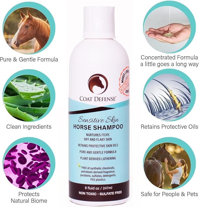 COAT DEFENSE Sensitive Skin Shampoo for Horses | All-Natural & Made in USA | Hypoallergenic Aloe Based - Soothes and Relieves Itchy, Dry and Inflamed Skin | Safe for Everyone | 8oz. Concentrated