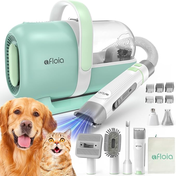 Afloia 6-in-1 Dog Grooming Kit, Pet Grooming Vacuum for Shedding, Dog Hair Vacuum with Clipper Nail Trimmer Grinder, Pet Brush Groomer at Home, Low Noise Cats Hair Remover, 1.5L Dust Cup, Green