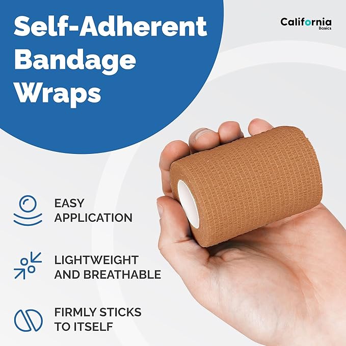 California Basics - 8 Pack - Self Adhesive Bandage Wraps - 3 Inch by 5 Yards Non Woven Self Adhesive Bandage Wrap, Brown Athletic Tape for Wrist, Hand & Ankle Wrap, Premium-Grade Medical Bandage Tape