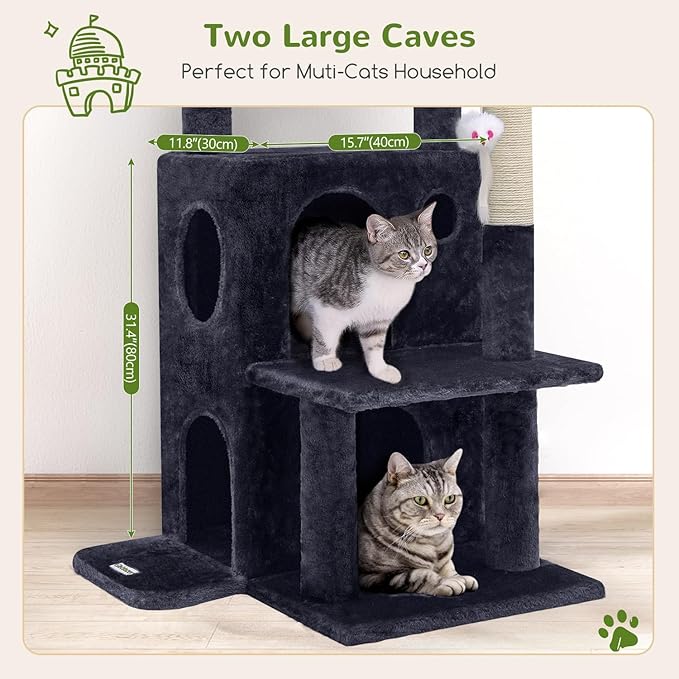 Globlazer Cat Tree Tower for Indoor Cats, 50-inch Adult Cat Tree House for Large Adult Cats with Steps, Scratching Post, 2 Cat Caves, Dangling Toys, FC50, Dark Grey
