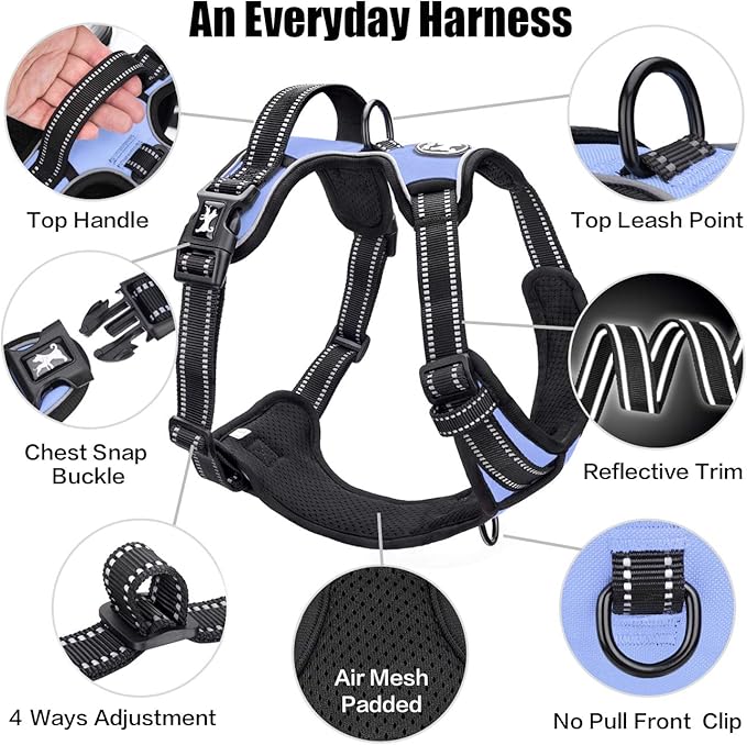 PoyPet No Pull Dog Harness, Reflective Comfortable Vest Harness with Front & Back 2 Leash Attachments and Easy Control Handle Adjustable Soft Padded Pet Vest for Small to Large Dogs (Light Blue,L)