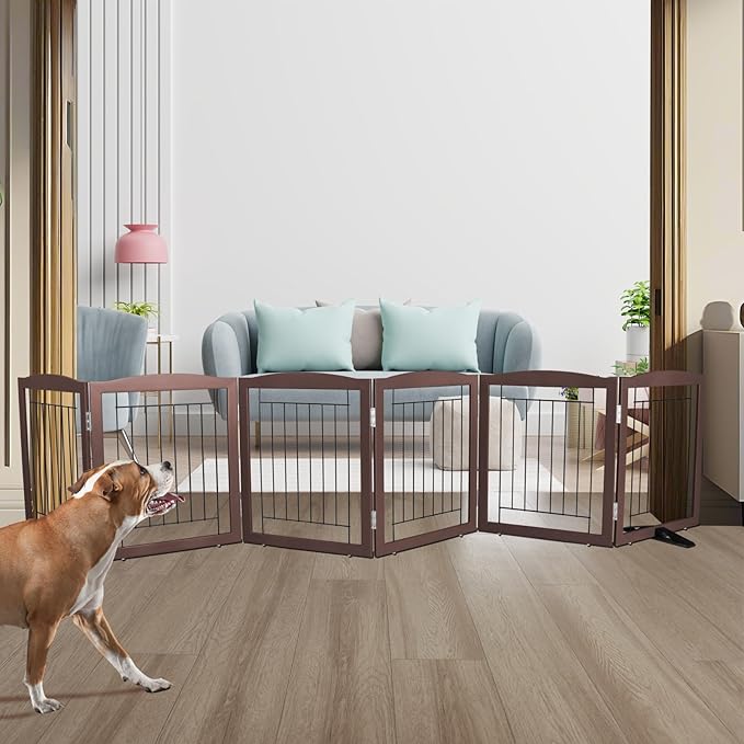 ZJSF Freestanding Dog Fence Indoor, Foldable Dog Gate for Doorways, Stairs or Hallways, Sturdy Wood Extra Wide Pet Gate with Support Feet for The House, Brown, 24 "Height-6 Panels
