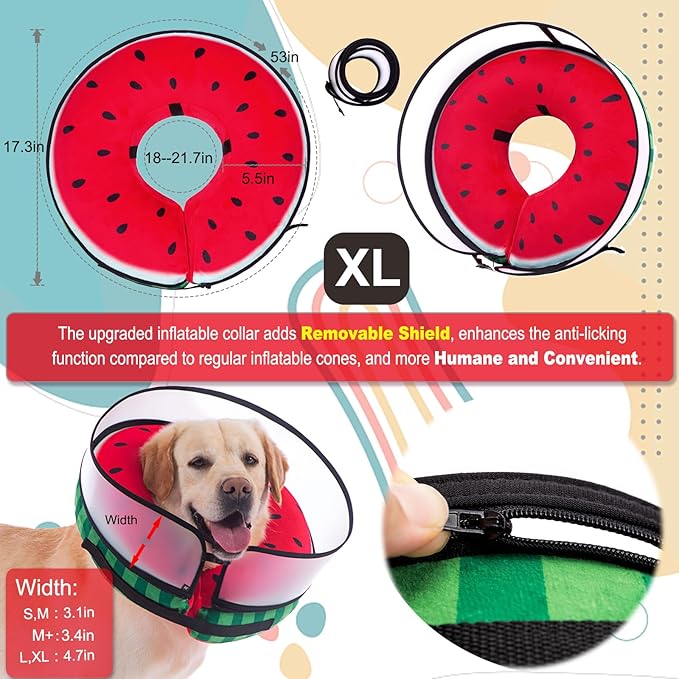 Inflatable Dog Cone Collar with Enhanced Anti-Licking, Soft Neck Donut for Dogs Cats, Recovery Pet Cone Collar After Surgery for Large Medium Small Dogs… (Watermelon, X-Large)