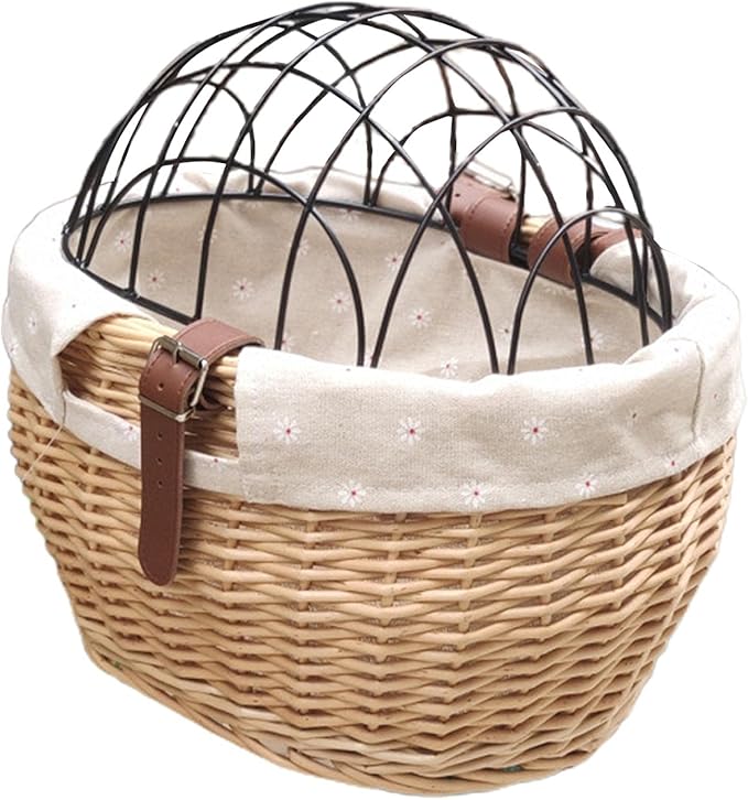 Bike Pet Basket, Wicker Bike Basket for Small Dogs Cats Pet Carrier Front Basket with Wire Mesh Cover and Lid, Wicker Basket for Dogs and Cats, Rattan Storage Basket, 11.81 * 9.84 inch (B)