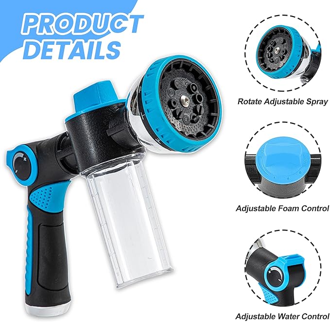Dog Wash Hose Attachment, 10-in-1 Spray Mode Pet Shower Soap Sprayer with Grooming Comb Rubber Brush, Hose Nozzle with 100cc Soap Dispenser, for Watering, Car Wash, Dog and Horse Showering (Blue)