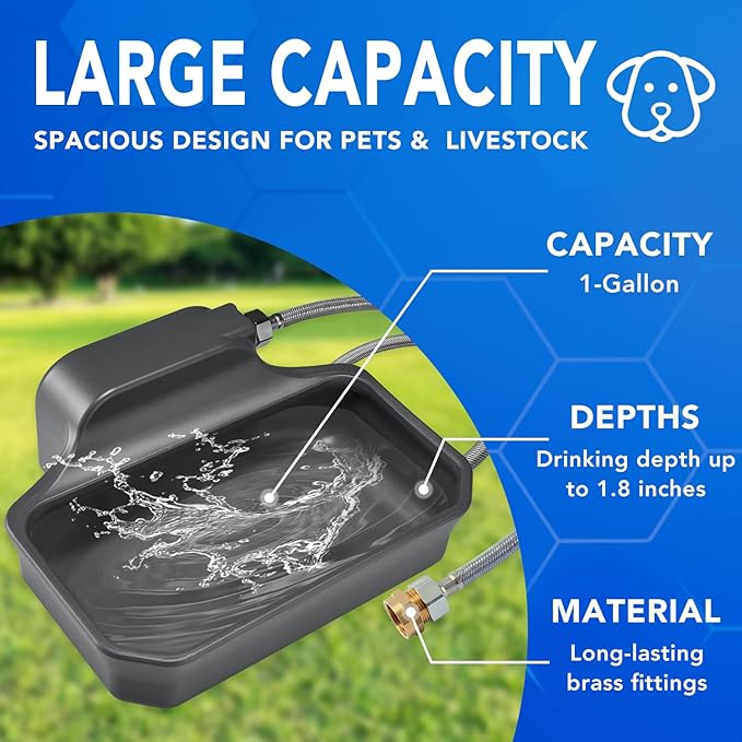 Automatic Water Dispenser for Dogs 1 Gallon, Large Dog Water Bowl Dispenser for Outdoor, Pet Water Bowl Feeder for Livestock, Dog Waterer for 3/4" Faucet, Easy to Install, Large Drinking Area, Gray