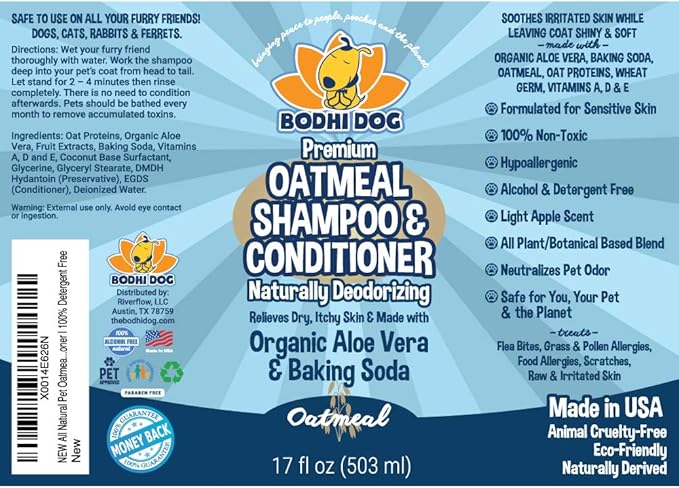 Bodhi Dog Oatmeal Shampoo & Conditioner - Hypoallergenic Formula - Naturally Deodorize Dogs, Cats & Pets - Made w/Organic Ingredients - Moisturizes Dry & Itchy Skin - Made in USA (Oatmeal, 17 Fl Oz)