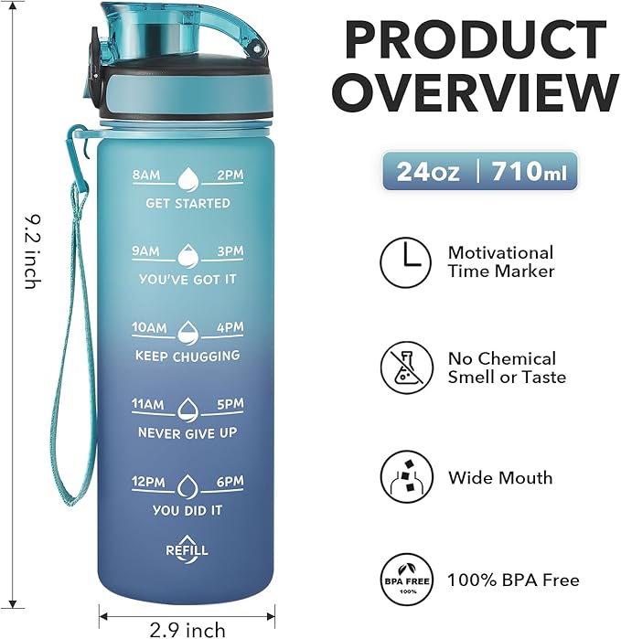Enerbone Water Bottle, Leakproof BPA & Toxic Free, Motivational Water Bottle with Times to Drink and Straw, Fitness Sports Water Bottle with Strap for Office, Gym, Outdoor Sports