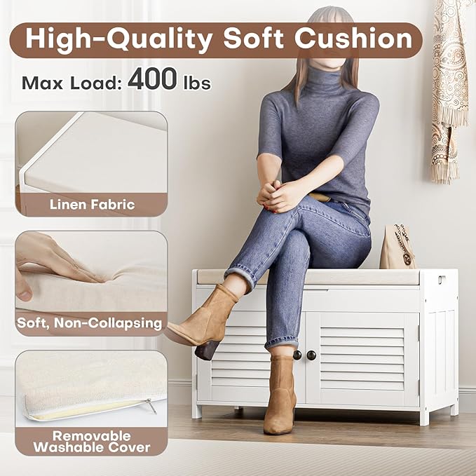 Shoe Storage Bench with Lift Top Storage, Entryway Bench with Cushioned Seat, Adjustable Shelf, 2 Tier Shoe Rack with Doors for Entryway, Bedroom, Hallway, Mudroom, White