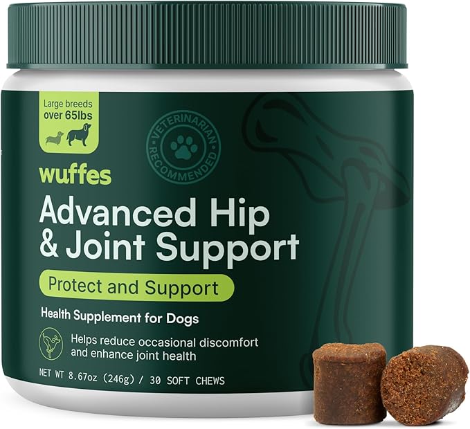 Wuffes Advanced Dog Hip and Joint Supplement with Glucosamine, Chondroitin, Omega 3, MSM, and Green Lipped Mussel, 30 Pork Flavored Chews for Large Dog Breeds